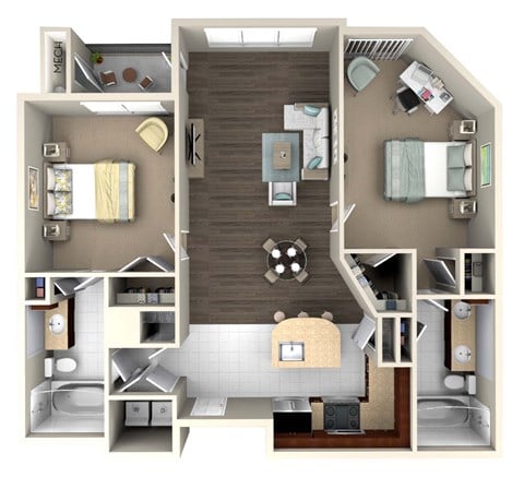 Floor plan for 2 beds, 2 baths, 1037 sqft